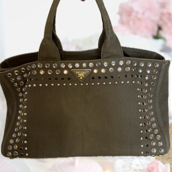Prada Handbags - PRADA Dark Green Canapa Studded Large Tote Bag Without Strap